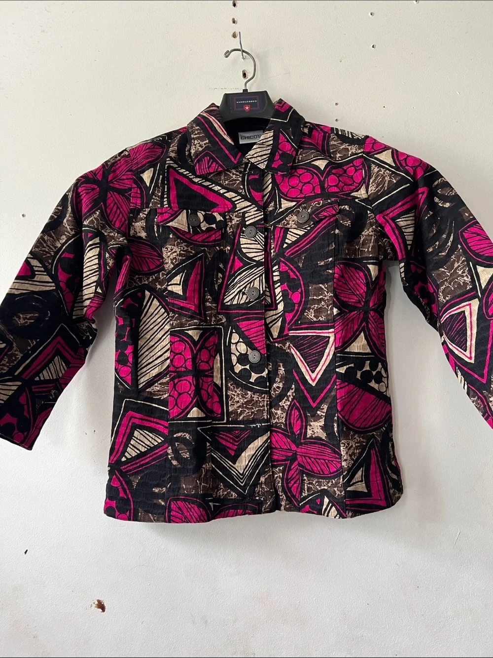Chico's Black and Fuchsia Geometric Print Jean Jacket Size 0